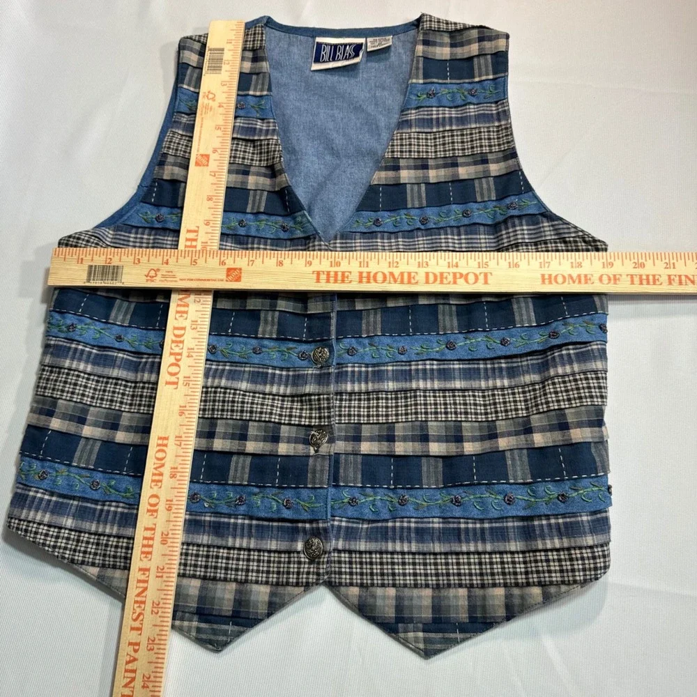 Vintage Coastal Grandma Patchwork Plaid Medium Jeans Denim Embroidered Vest Blue